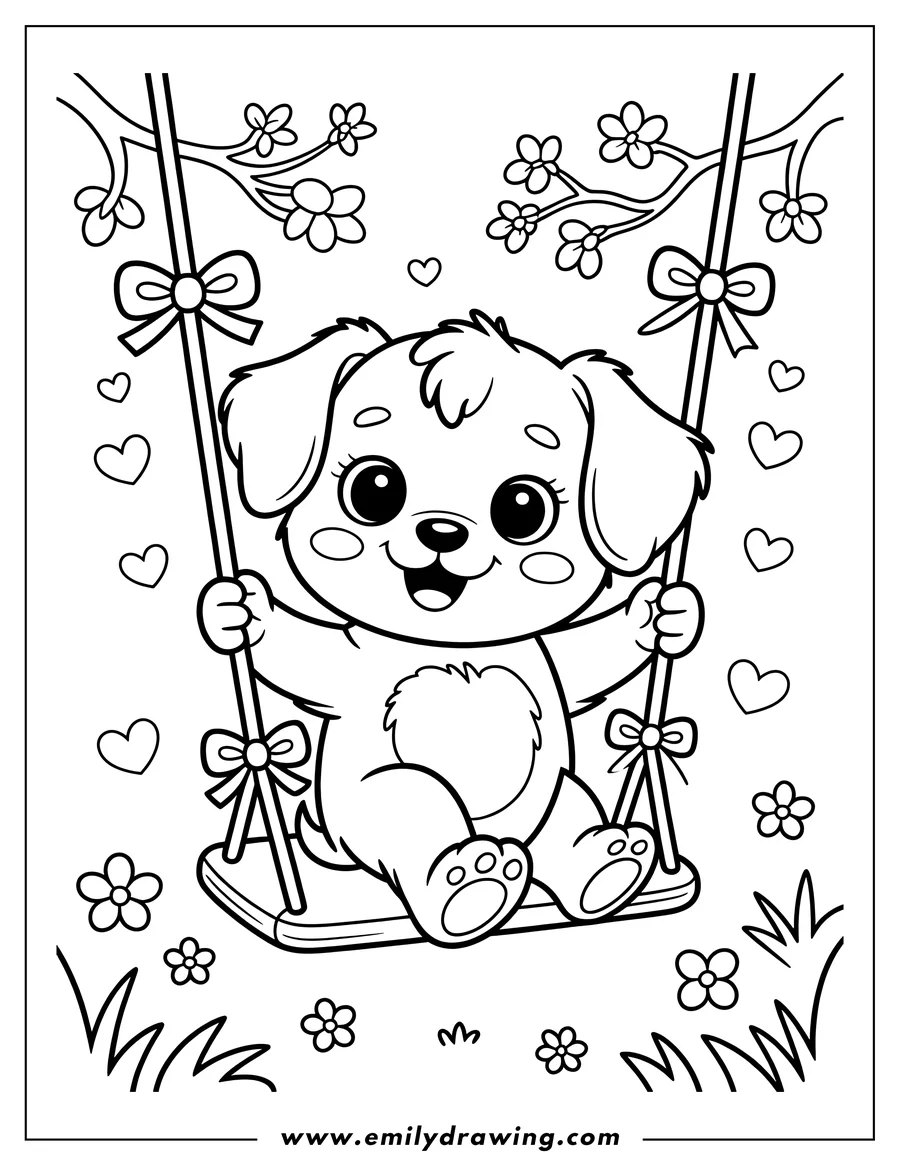 Outline of a puppy happily swinging from a tree branch decorated with bows. Flowers and hearts surround the playful scene.