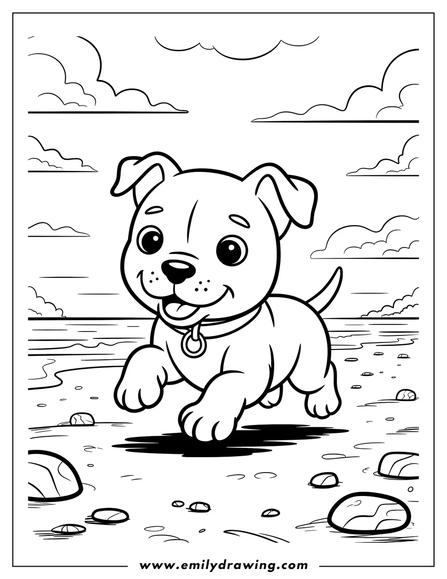 Outline of a puppy running on the beach.  The ocean is in the background, with some clouds. Pebbles are scattered on the sand around the puppy.