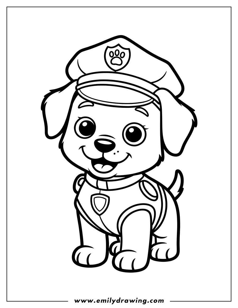 Outline of a puppy wearing a police uniform and hat with a paw print badge.