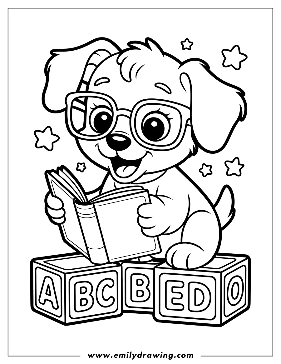 Outline of a puppy wearing glasses, sitting on ABC blocks and reading a book.