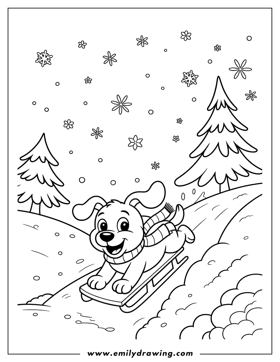 Line art of a puppy wearing a striped scarf, joyfully sledding down a snowy hill. Two pine trees and snowflakes decorate the winter scene.