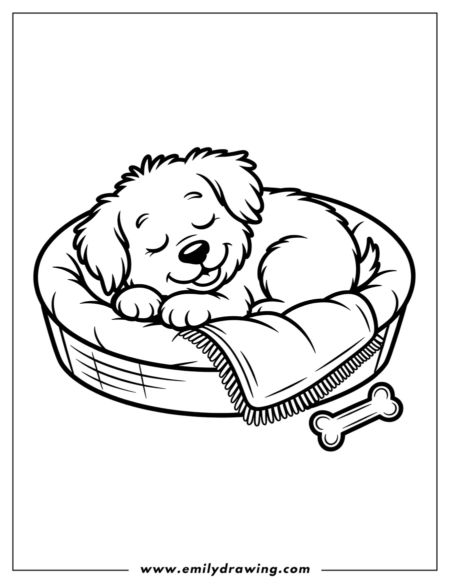 Outline of a puppy sleeping in a basket with a blanket and a dog bone nearby.