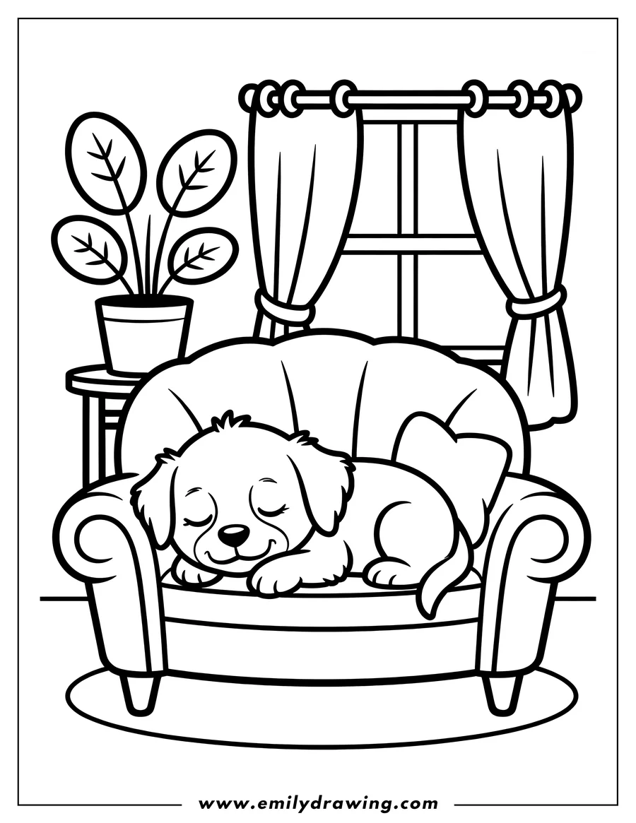 Outline of a puppy sleeping soundly on a soft armchair by a window with curtains and a potted plant.