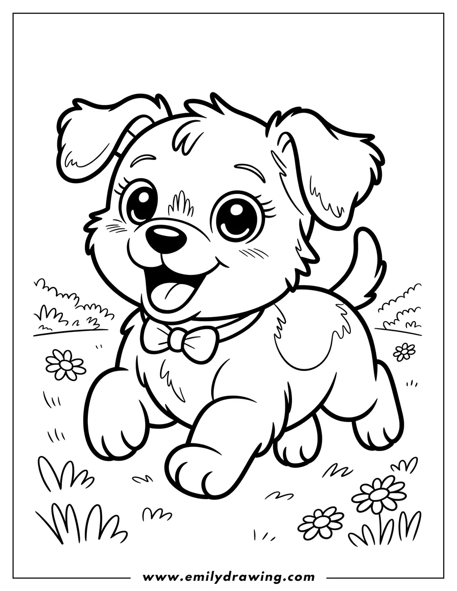 Outline of a puppy wearing a bow tie walking happily in the grass near flowers.
