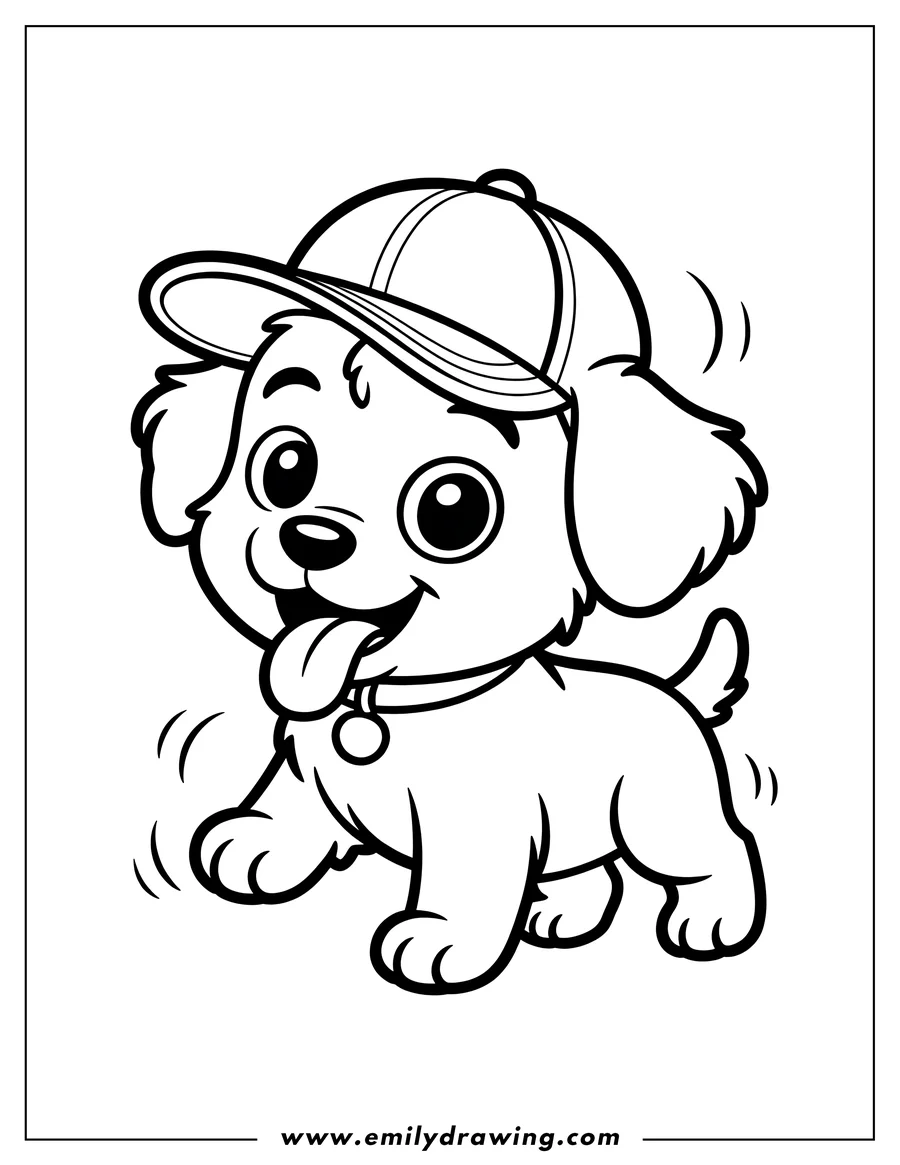 Outline of a playful puppy wearing a baseball cap, tongue sticking out happily.