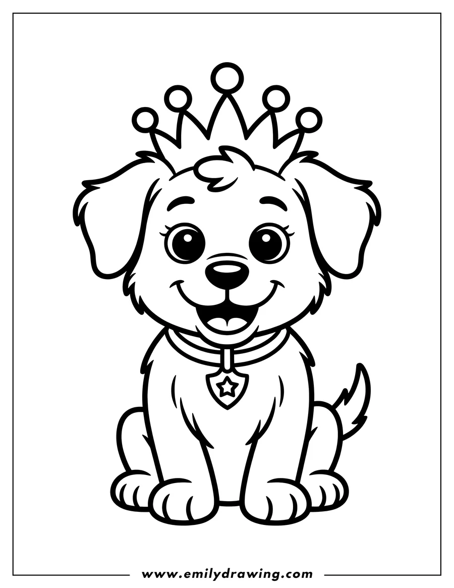 Outline of a puppy sitting and wearing a crown and a collar with a star-shaped tag.