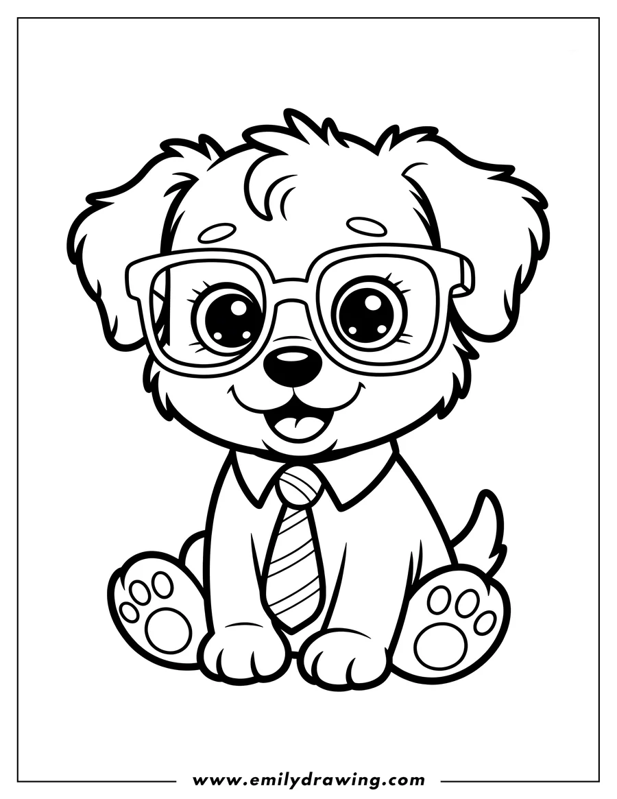 Line art of a puppy wearing glasses and a striped tie, ready to be colored.