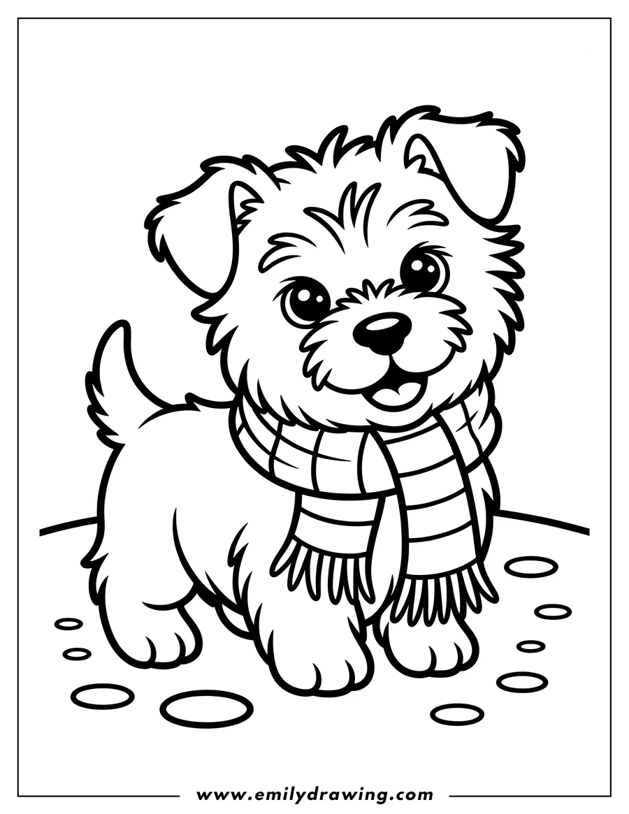 Line art of a puppy wearing a striped scarf. It's standing and smiling, ready to be colored.