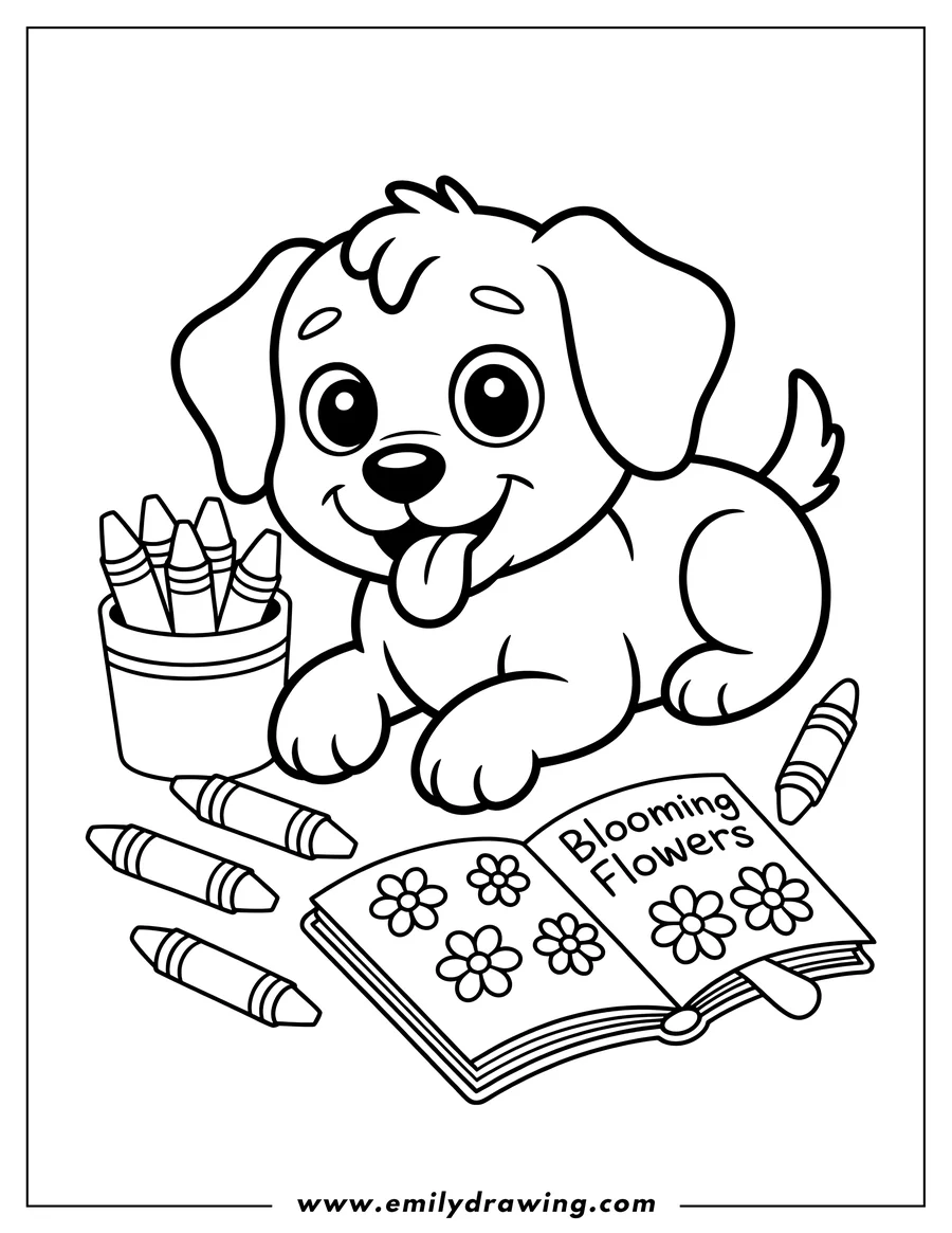 Line art of a puppy with a coloring book about blooming flowers and crayons scattered around.