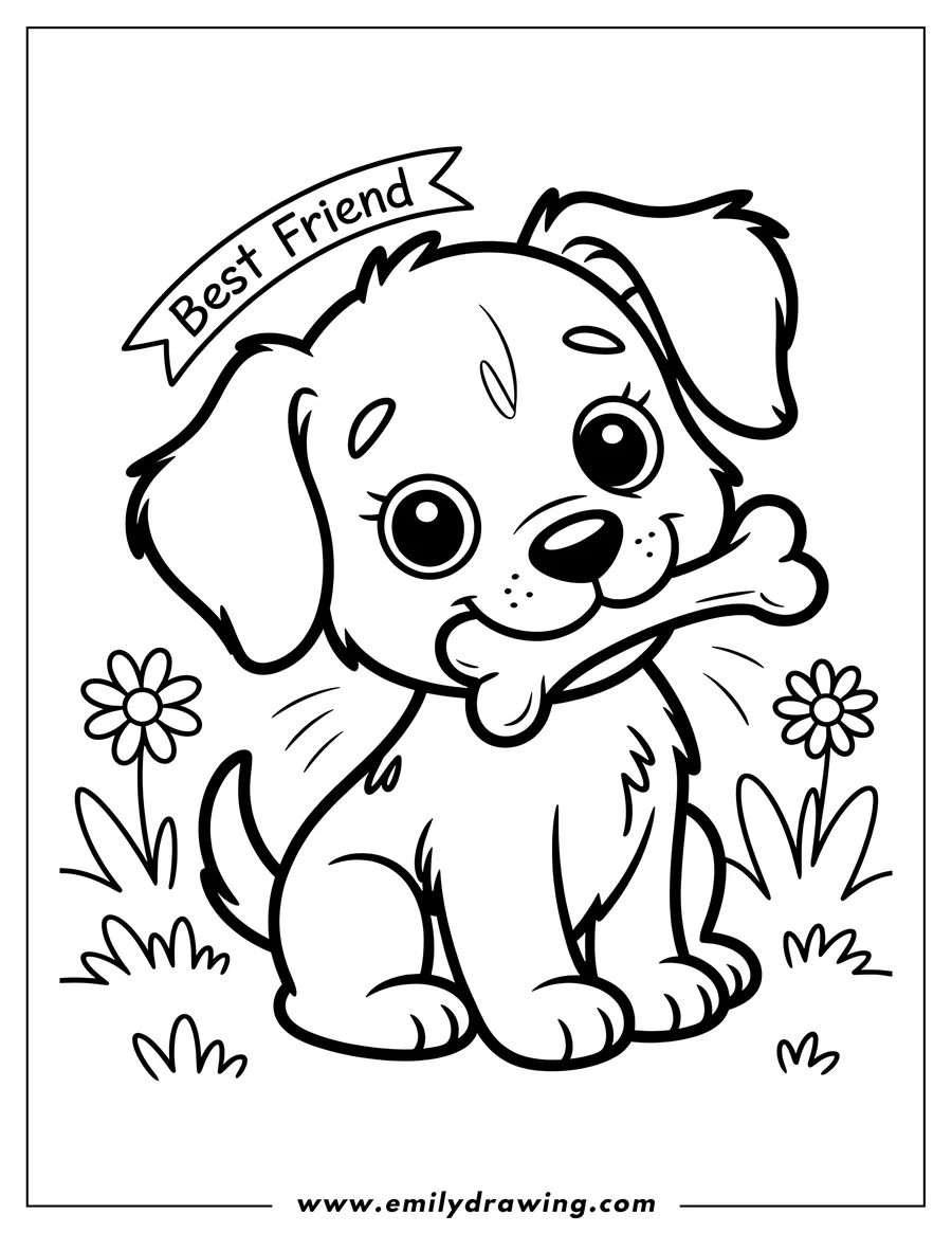 Outline of a puppy sitting and holding a bone in its mouth, with daisies on either side.