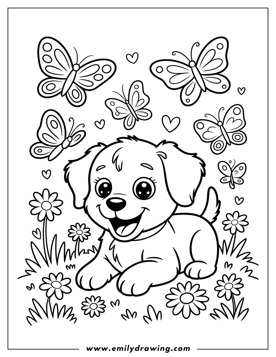 Outline of a puppy sitting in the grass surrounded by butterflies and flowers.