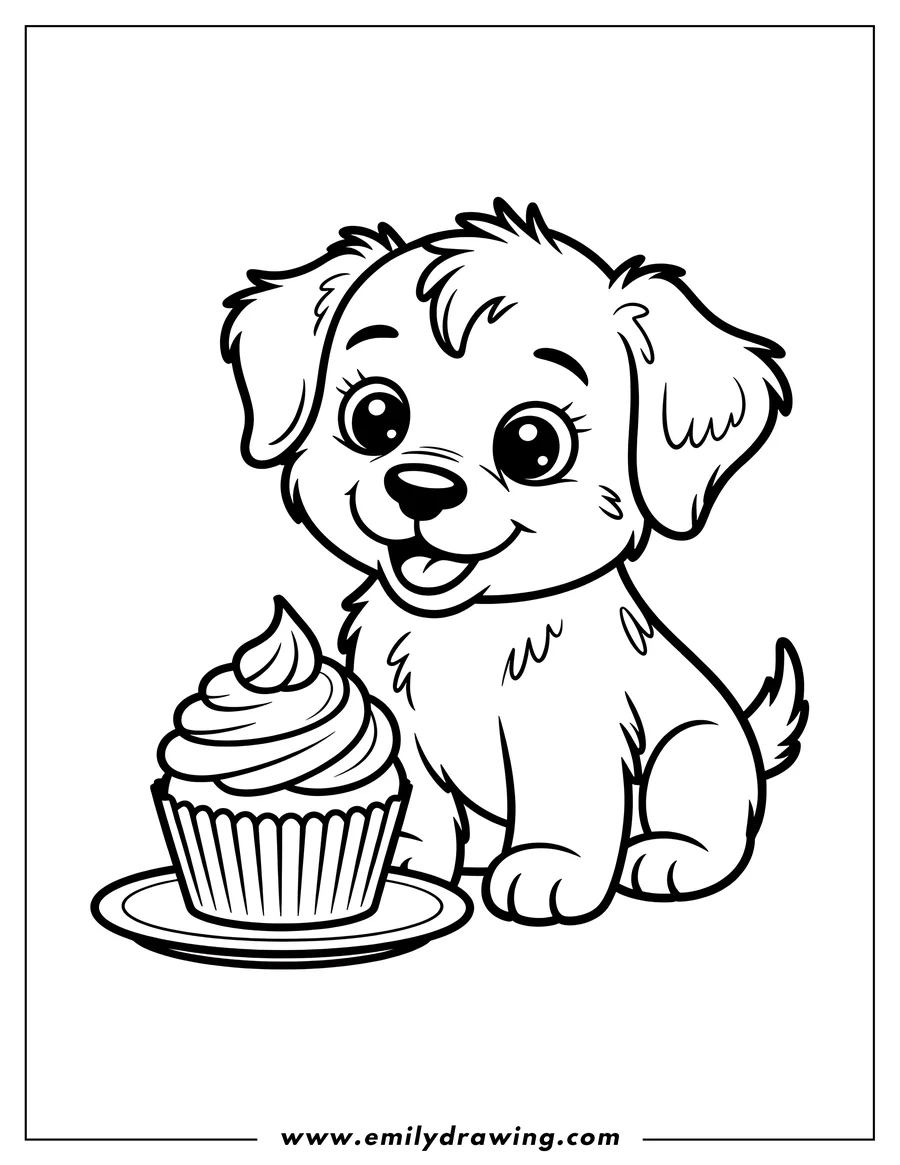 Outline of a puppy sitting next to a cupcake on a plate.