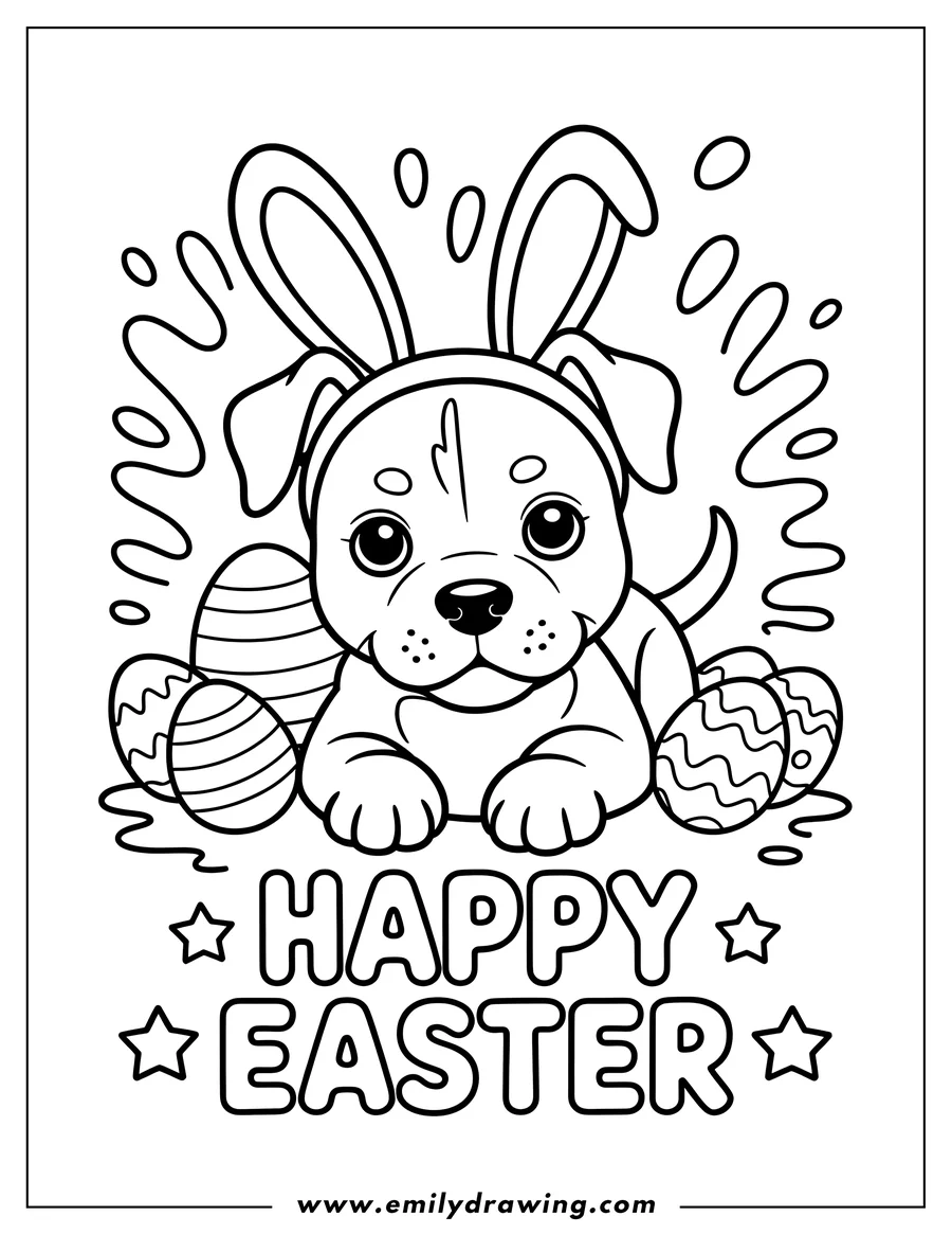 Outline of a puppy wearing bunny ears and sitting with Easter eggs. The words 