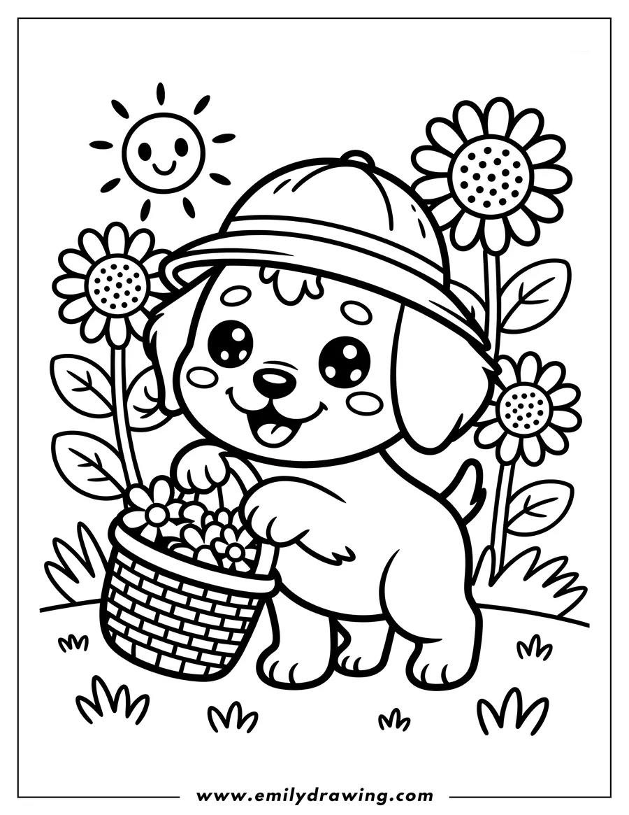 Outline of a cheerful puppy wearing a safari hat and carrying a basket of flowers in a sunny garden.
