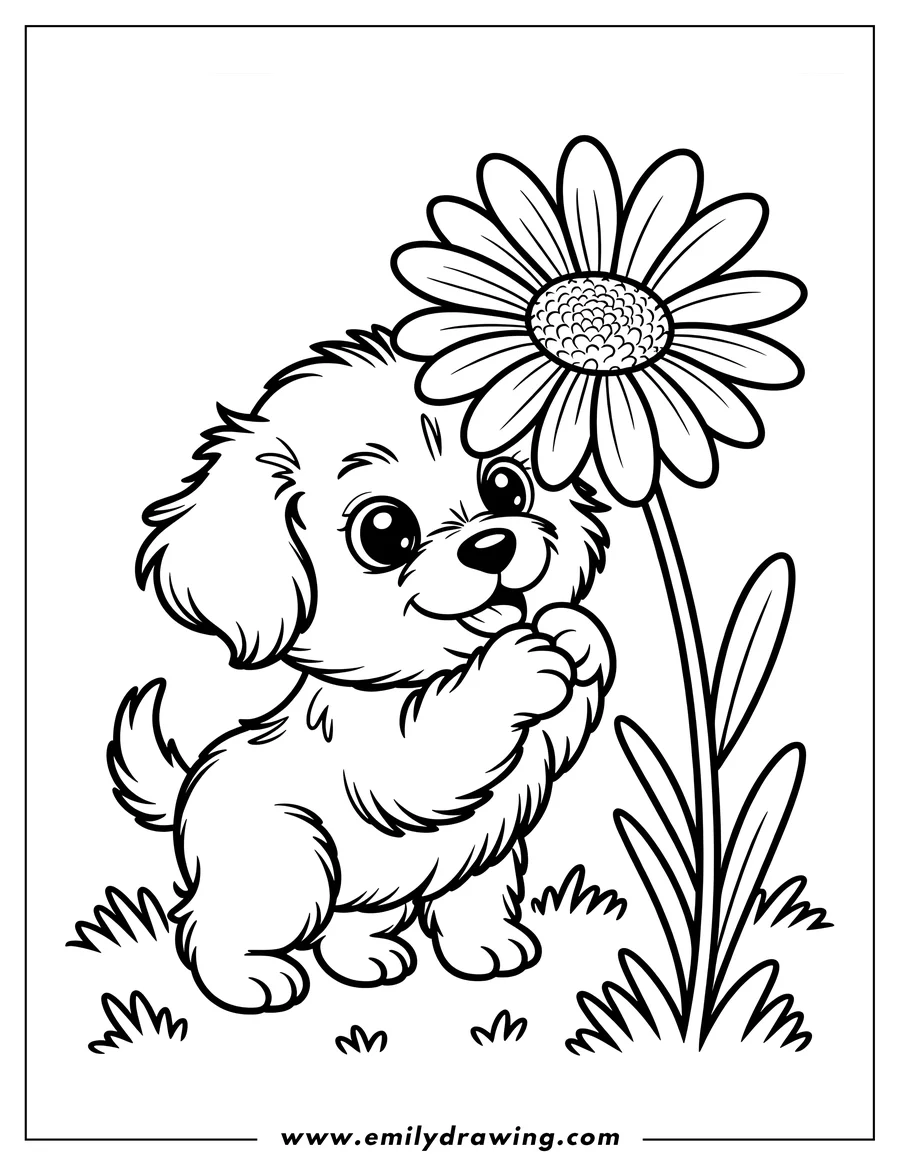 Line art of a fluffy puppy sniffing a large flower. The puppy's paws are raised as if reaching for the flower.