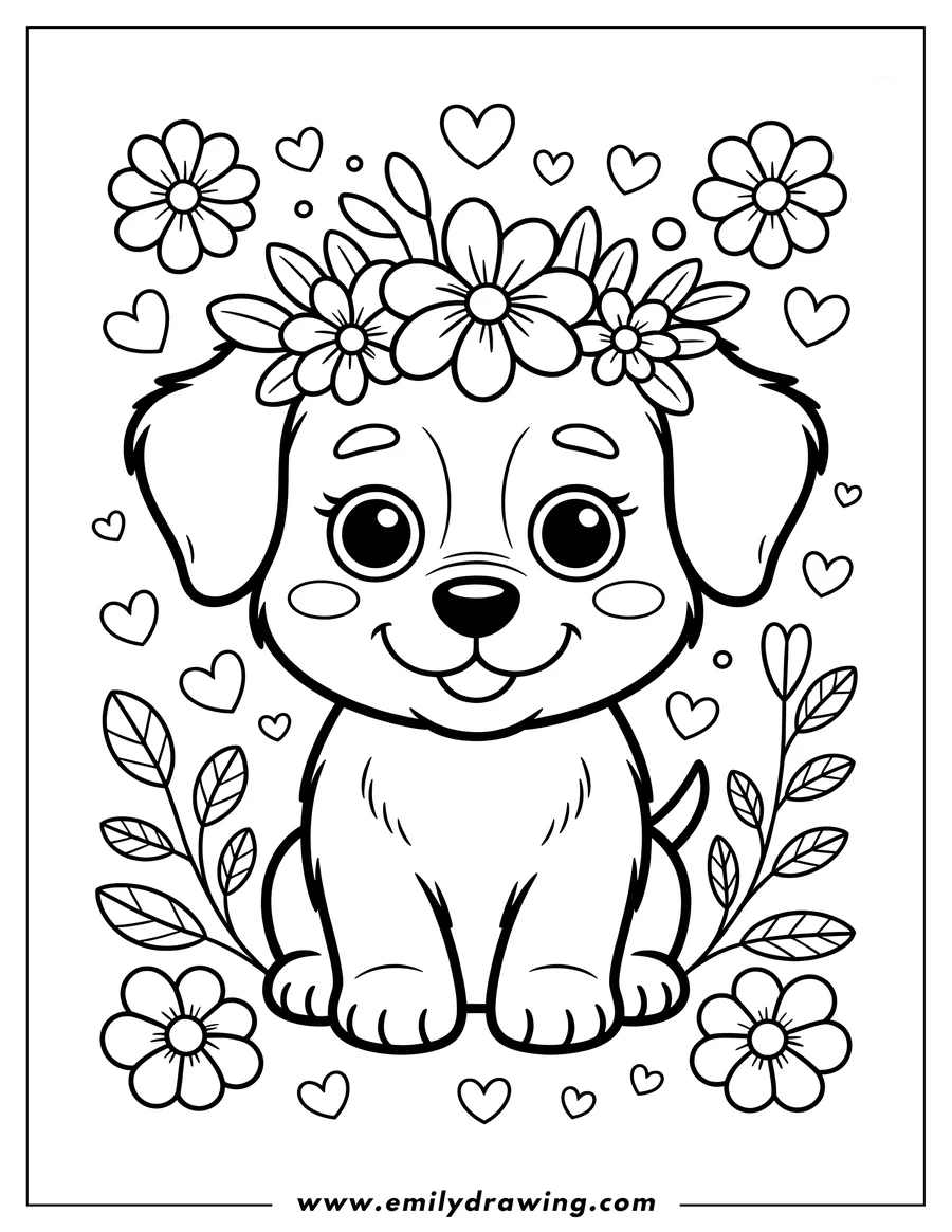 Outline of a puppy sitting and wearing a flower crown, surrounded by hearts, flowers, and leaves.