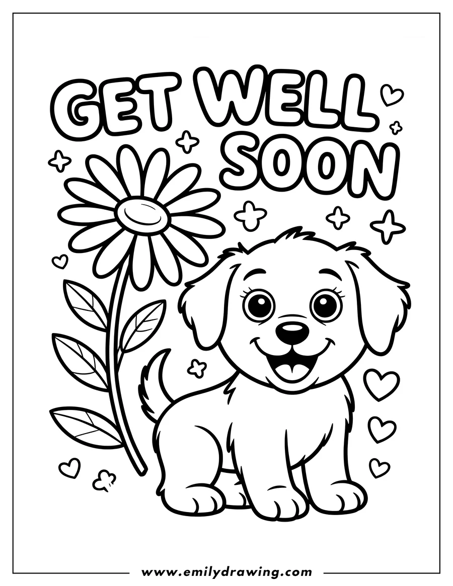 Line art of a puppy sitting with a large flower and the words 