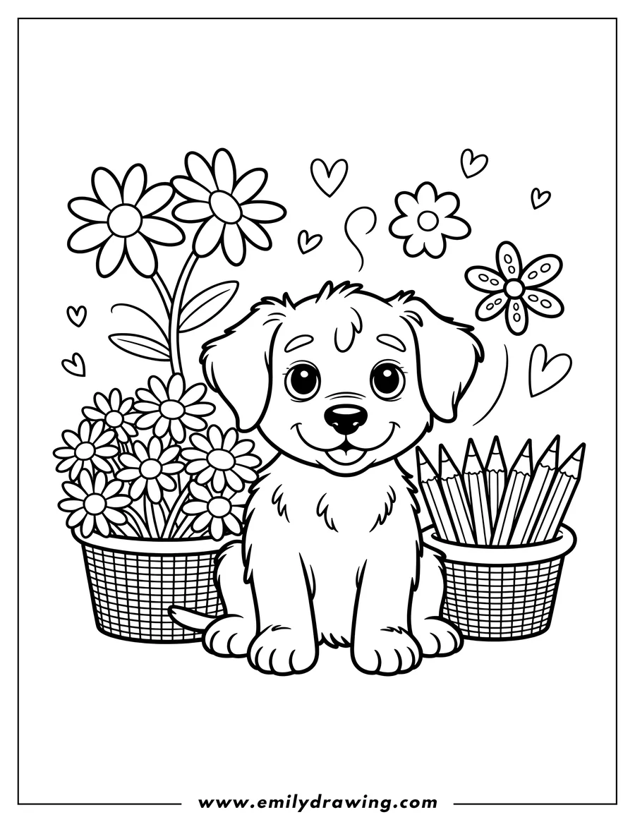 Line art of a puppy sitting with baskets of flowers and crayons.