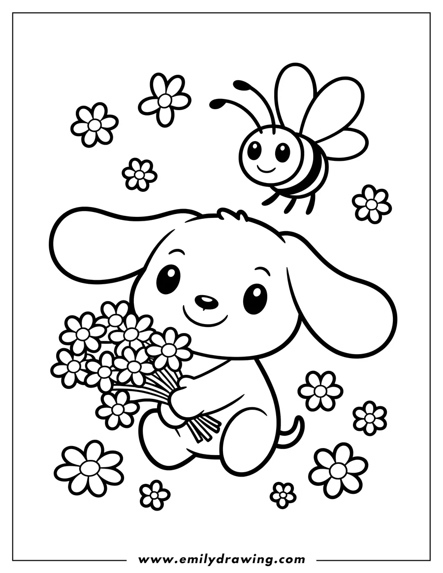 Outline of a puppy holding a bouquet of flowers, with a bee flying nearby.