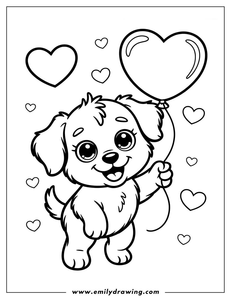 Line art of a puppy holding a heart-shaped balloon, surrounded by small hearts.