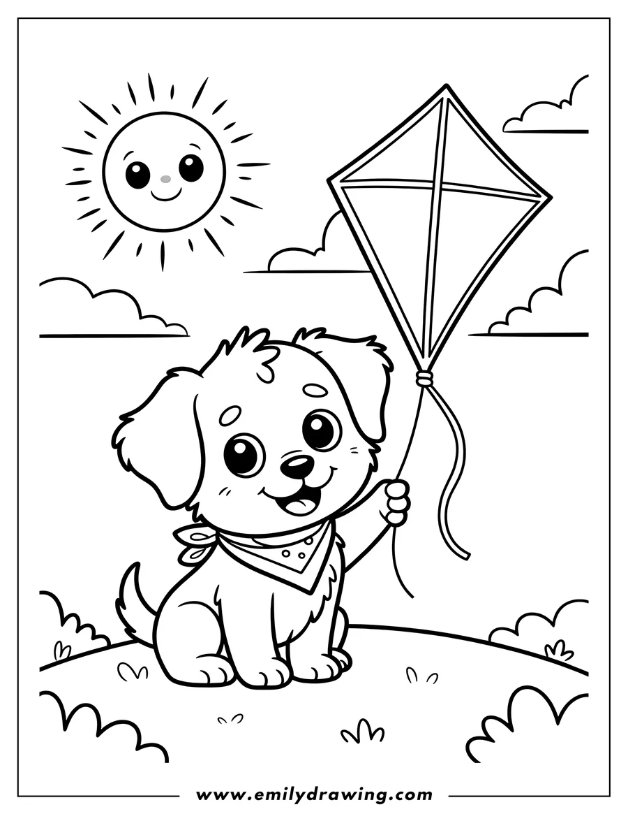 Line art of a puppy holding a kite string on a sunny day