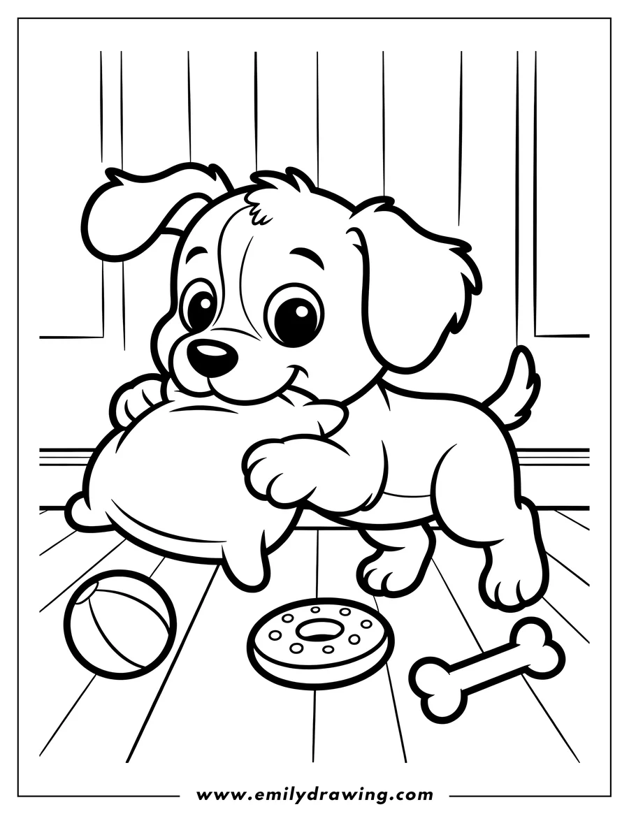 Outline of a puppy playing with a ball, bone, and dog treat on a wooden floor.