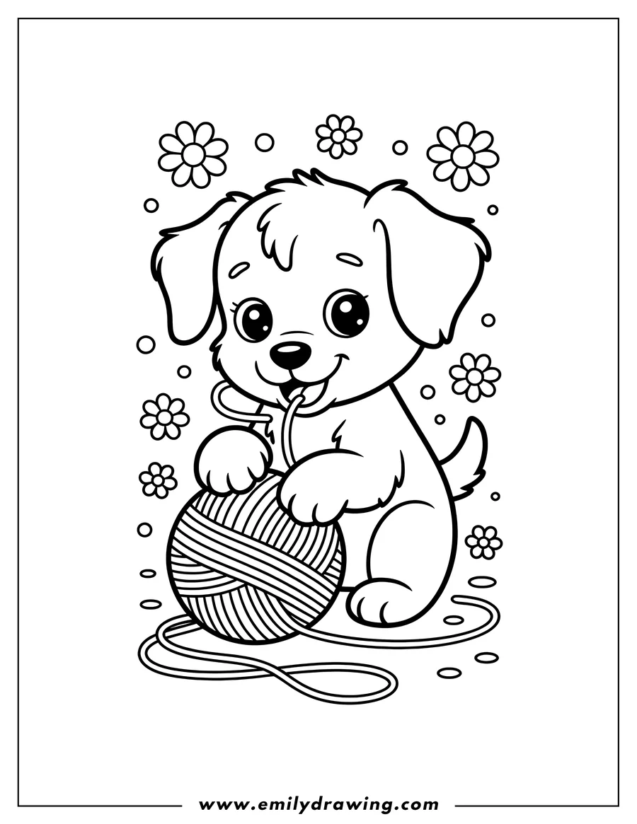 Line art of a playful puppy playing with a ball of yarn. The puppy has its paws on the yarn and is happily chewing on the end of it. Small flowers and circles decorate the background.