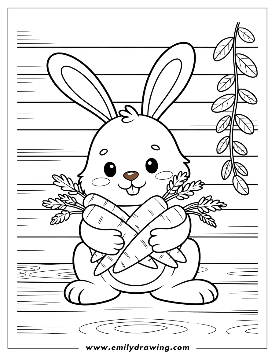 Line art of a rabbit holding two large carrots. The rabbit has large eyes and a happy expression.