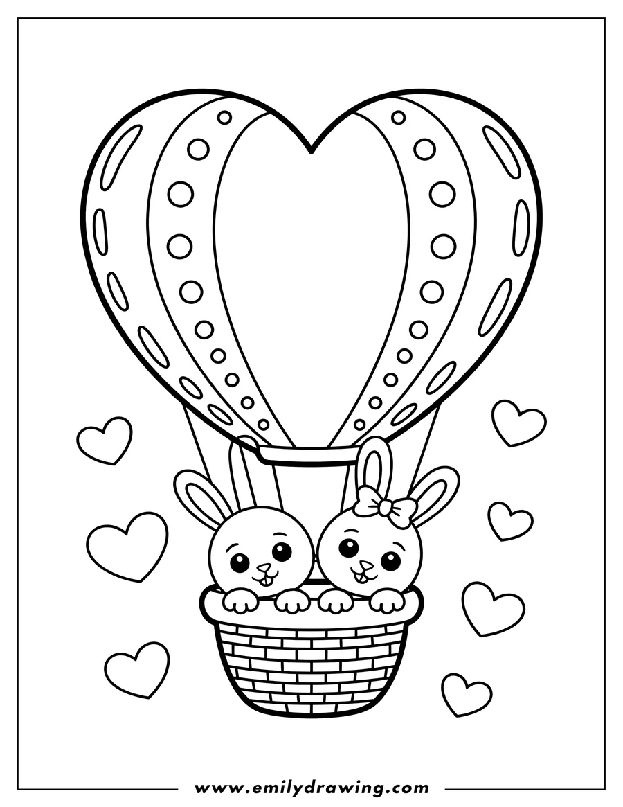 Outline of two bunnies riding in a heart-shaped hot air balloon, surrounded by floating hearts.