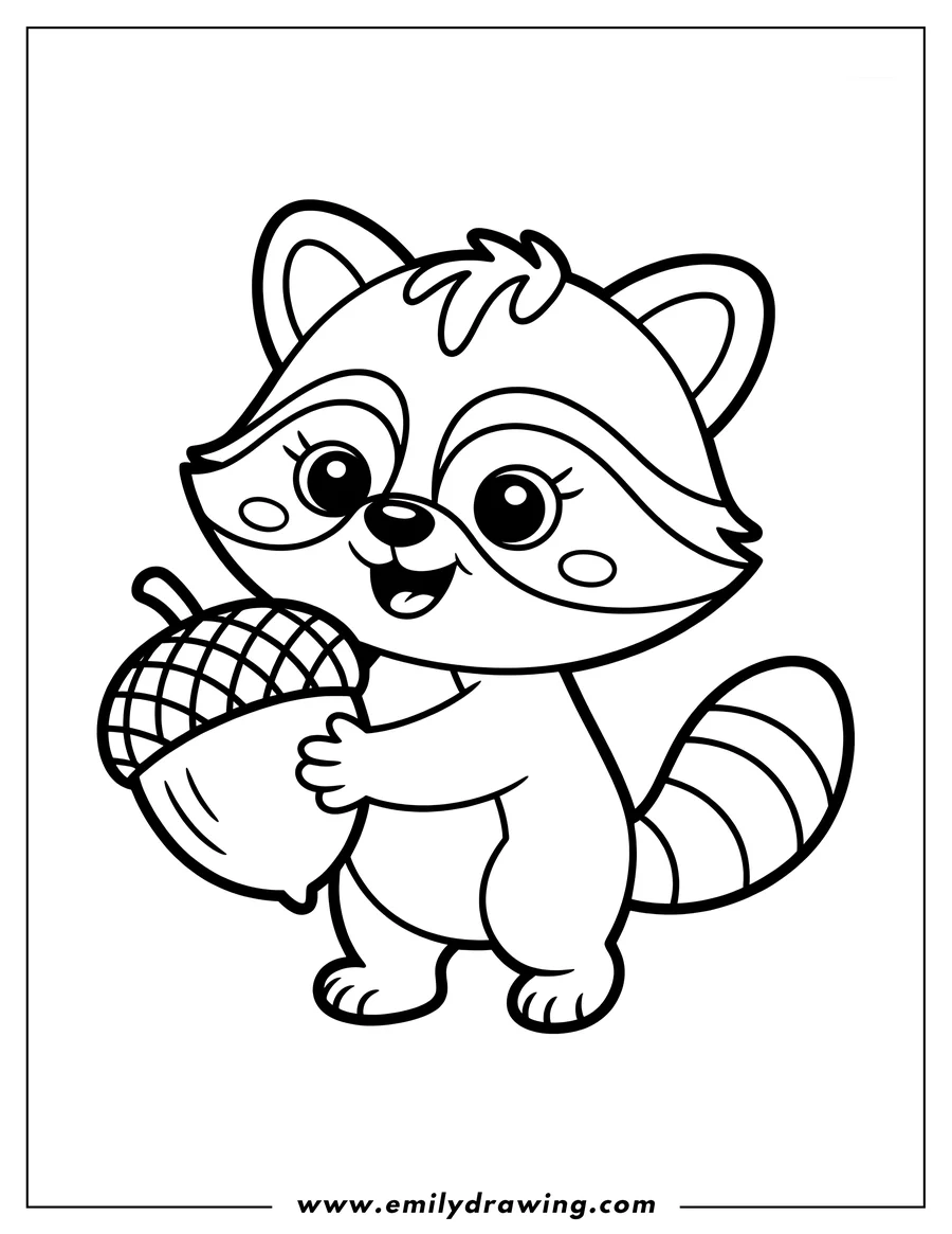 Line art of a raccoon holding a large acorn.