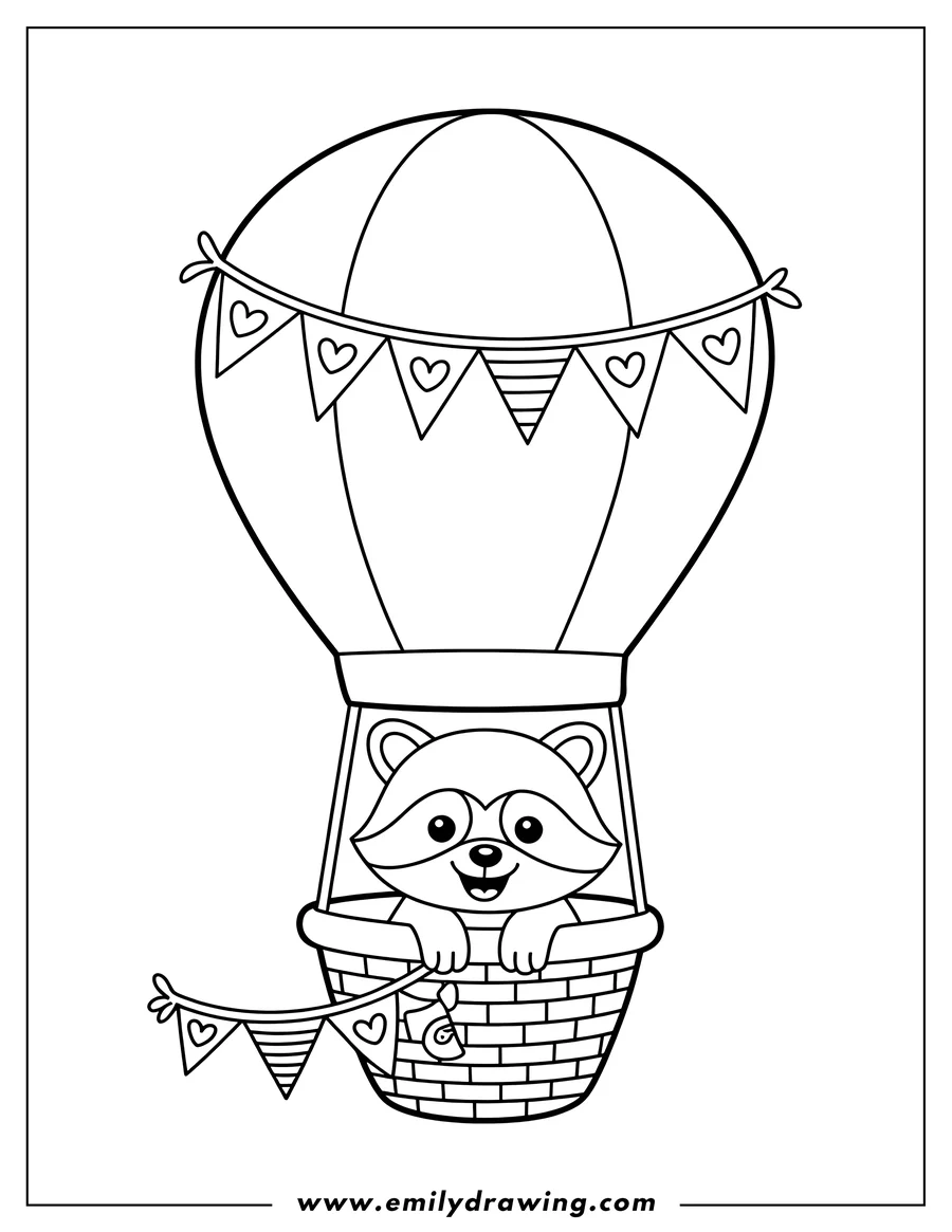 Line art of a raccoon in a hot air balloon basket. Both the balloon and basket are decorated with heart banners.