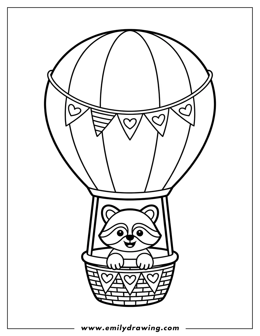 Outline of a raccoon riding in a hot air balloon basket. Both the balloon and the basket are decorated with heart-shaped bunting.