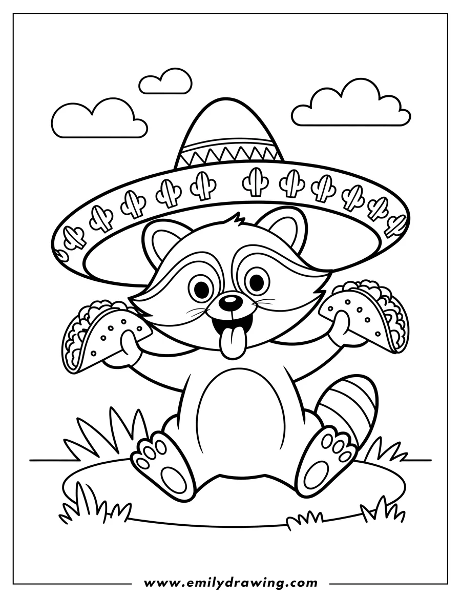Line art of a raccoon wearing a sombrero and holding two tacos.