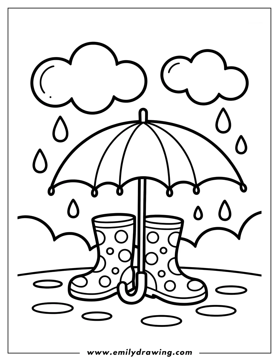 Outline of a pair of rain boots with polka dots underneath an umbrella, raindrops falling from clouds and puddles on the ground.