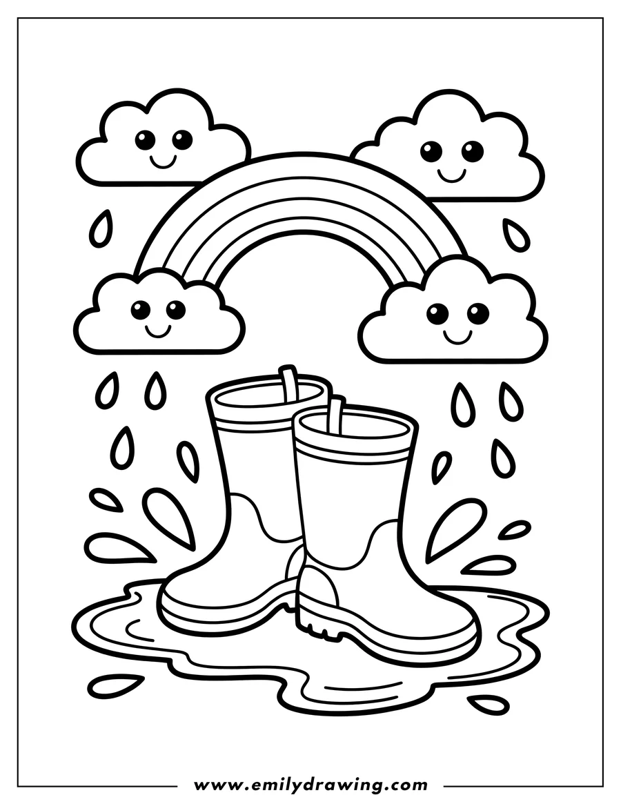 Outline of rain boots standing in a puddle with a rainbow and smiling clouds above.
