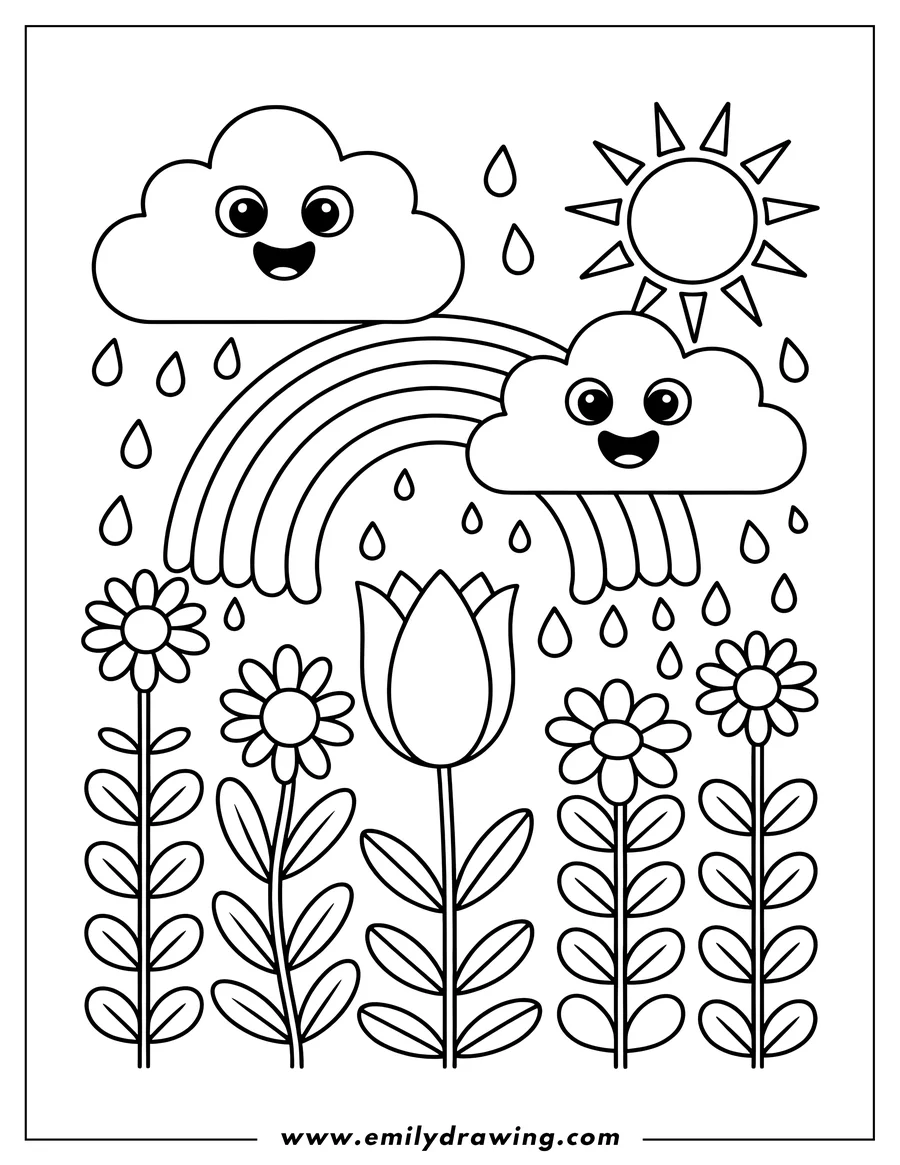 Line art of a rainbow over flowers with smiling clouds, raindrops, and sun peeking through.