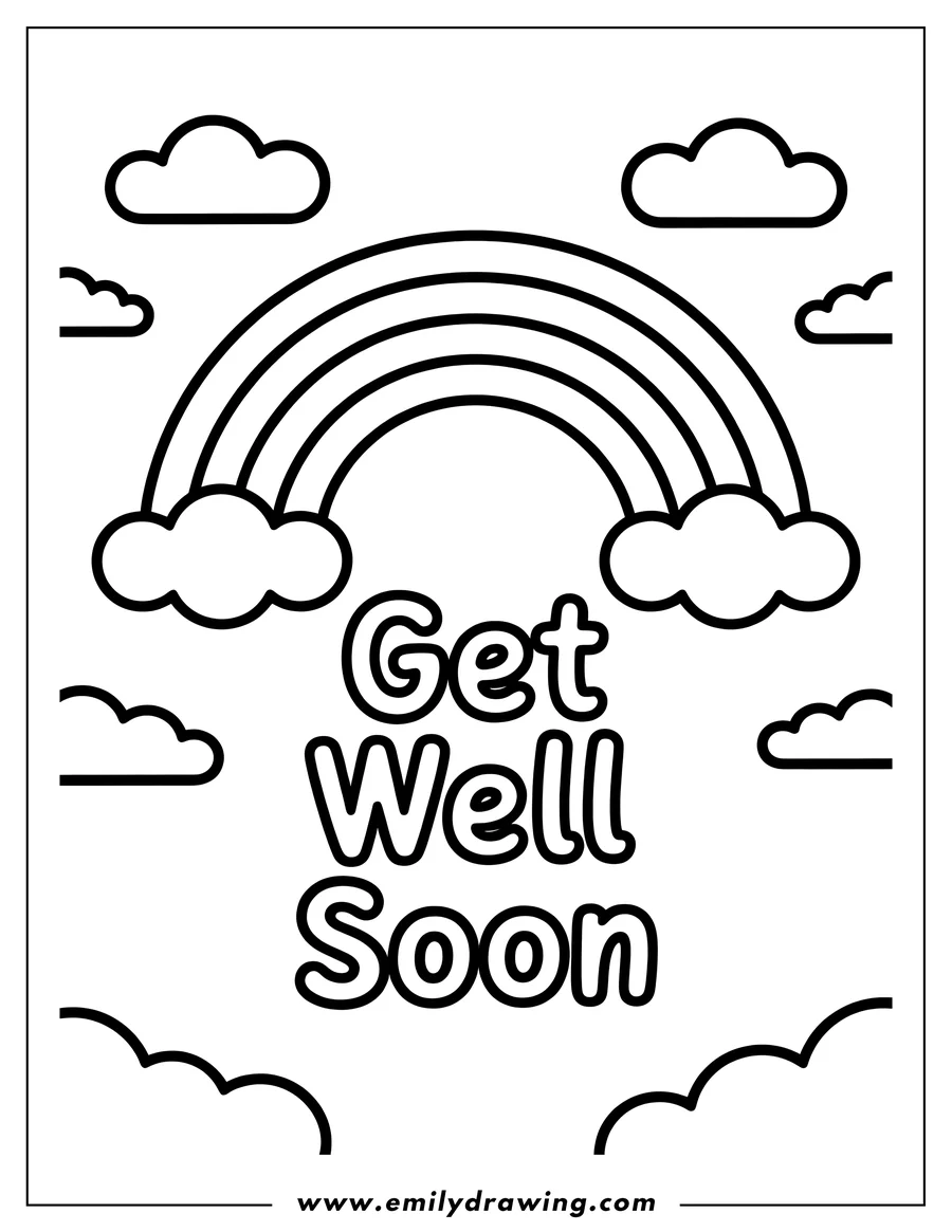Line art of a rainbow with the words 'Get Well Soon' written beneath it, surrounded by fluffy clouds.