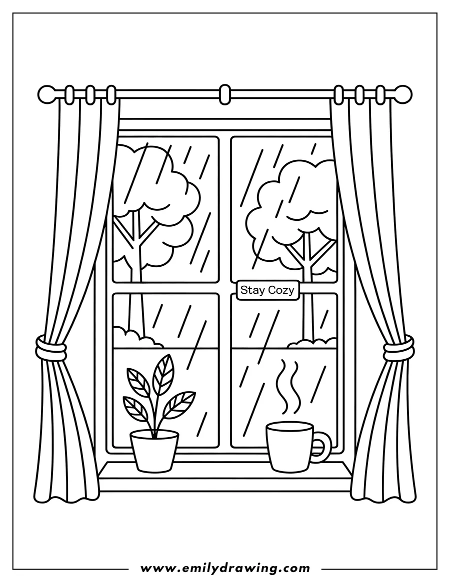 Line art of a window on a rainy day, with a small potted plant and steaming mug on the windowsill. Curtains are drawn open, and the words 'Stay Cozy' are visible.