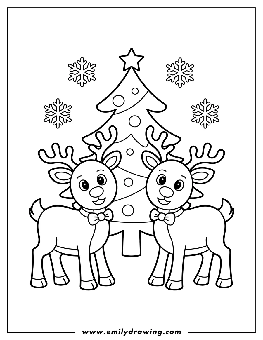 Line art of two reindeer with bow ties standing near a decorated Christmas tree.