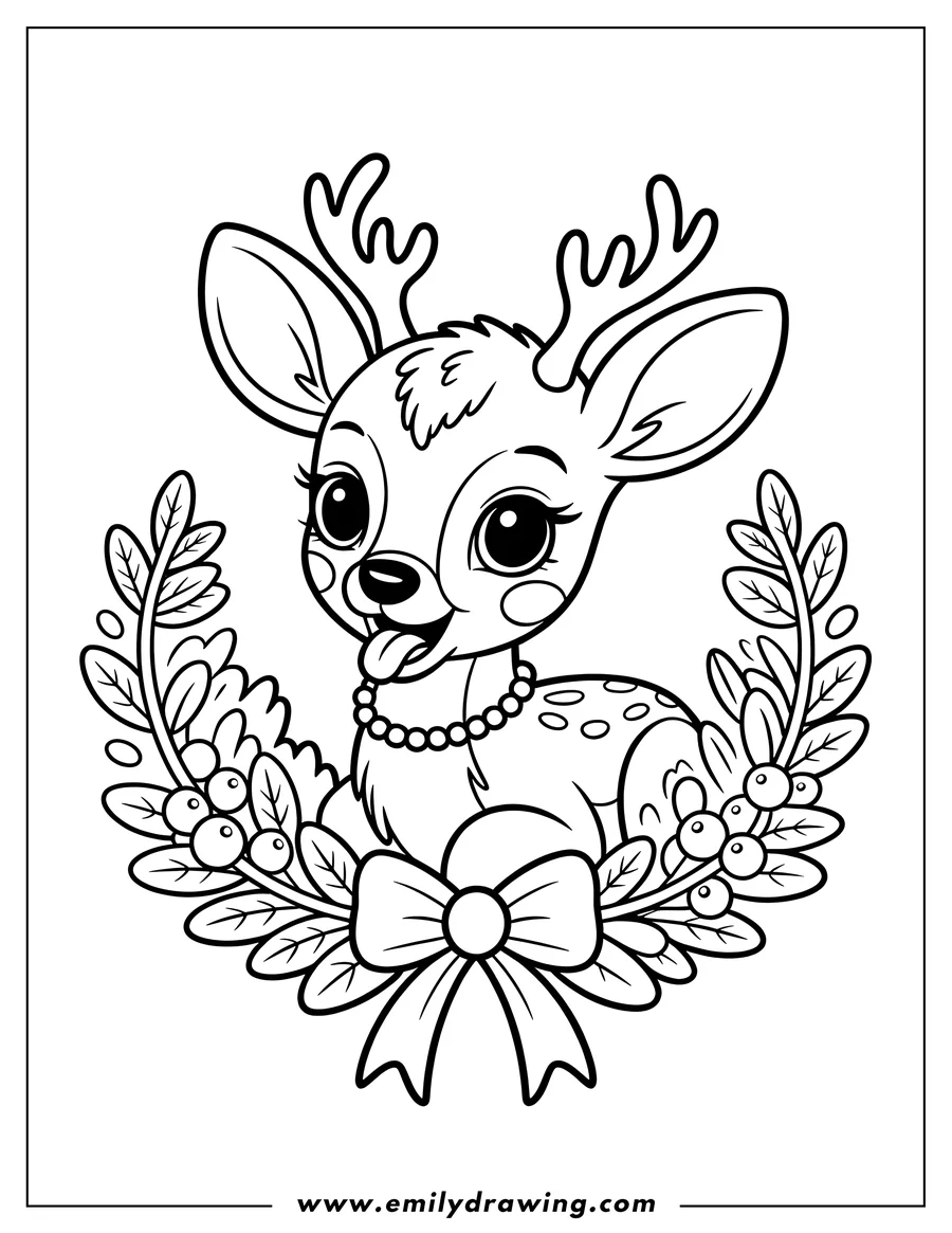 Outline of a reindeer wearing a mistletoe wreath and beaded necklace.