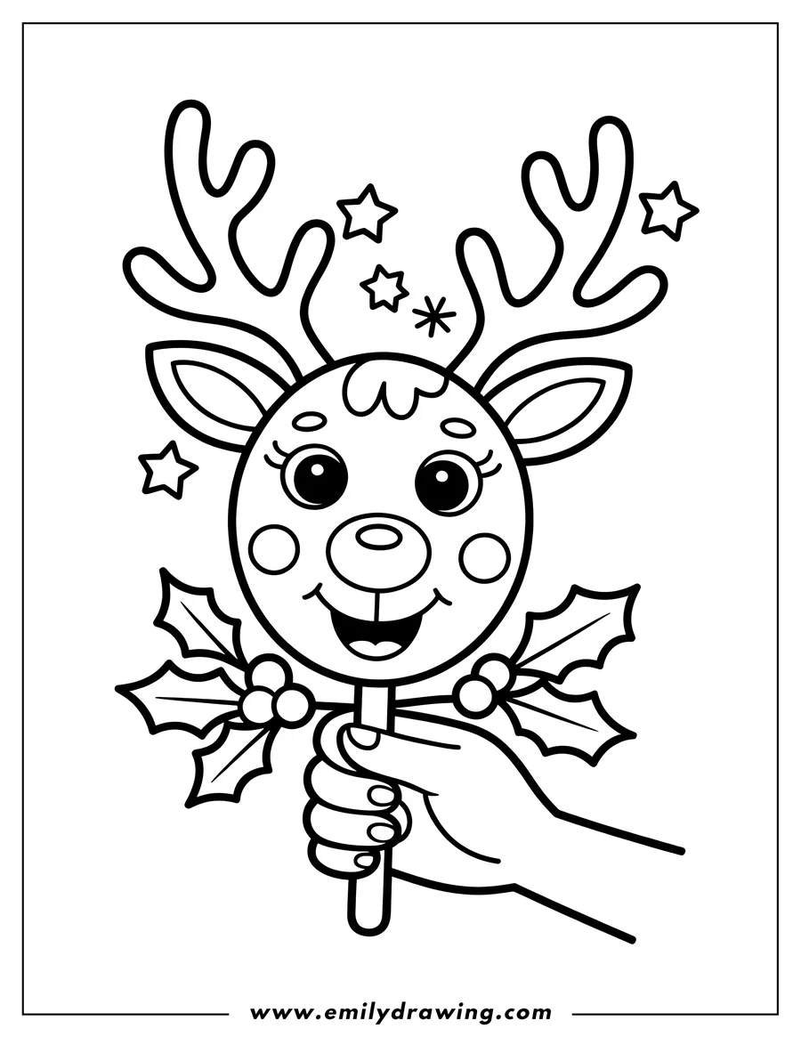 Line art of a reindeer lollipop held by a hand. The reindeer face is on the lollipop with holly leaves and berries decorating it. 