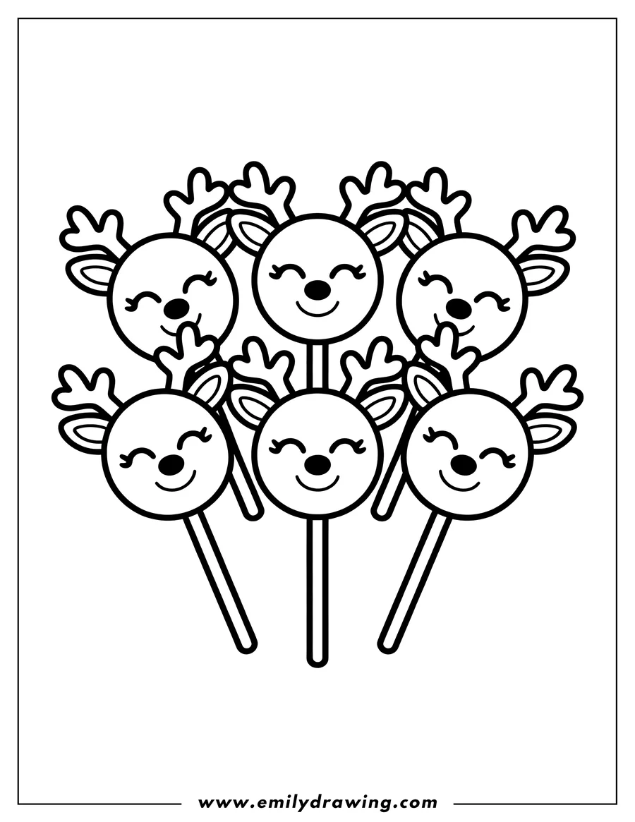 Outline of a group of reindeer lollipops with smiling faces and small antlers.