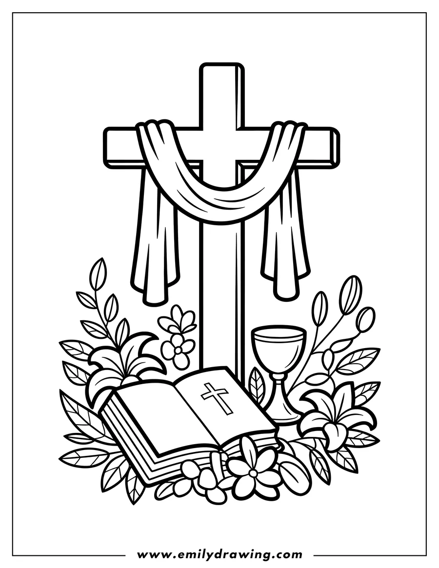 Outline of a religious cross draped with a cloth, surrounded by intricate foliage and lilies, an open Bible with a cross symbol, and a communion chalice.