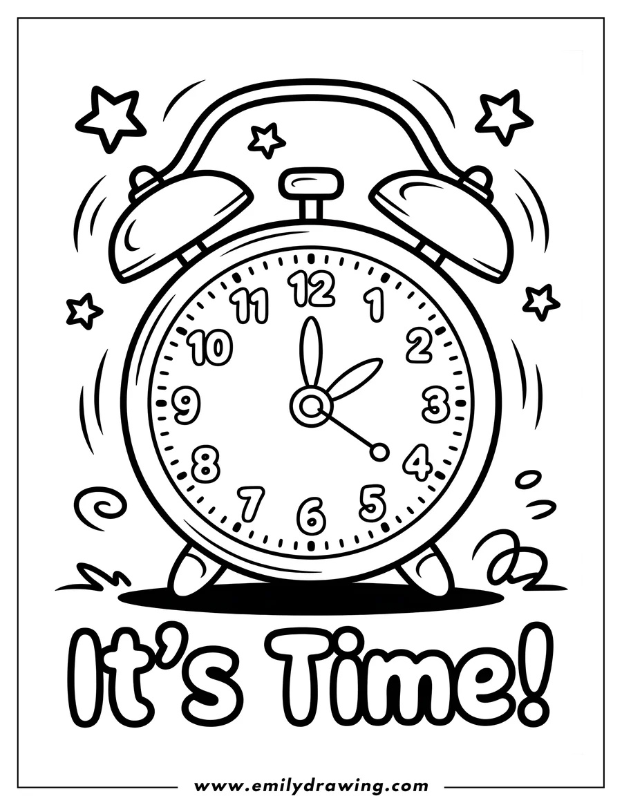 Line drawing of a ringing alarm clock, with the text 'It's Time' beneath.