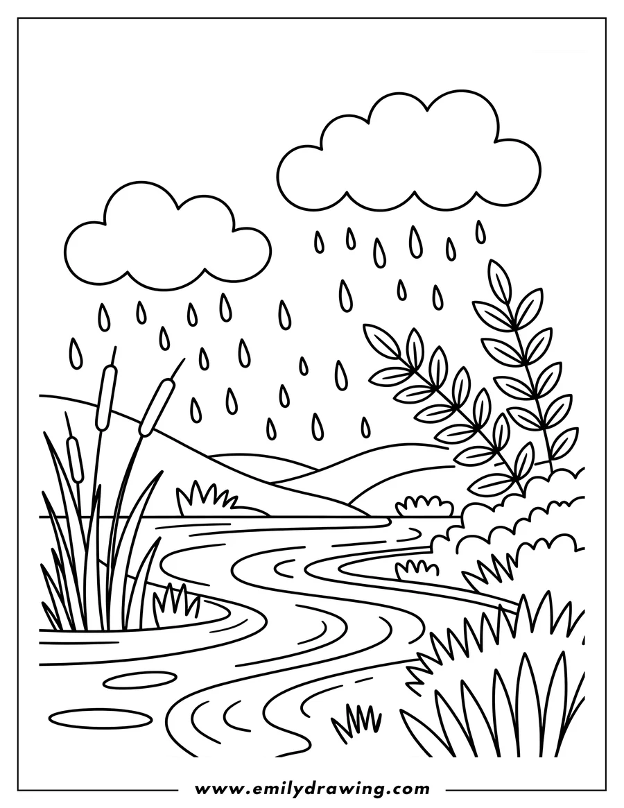 Line art of a river winding through a landscape with rain falling from clouds. Cattails and other plants grow along the banks.