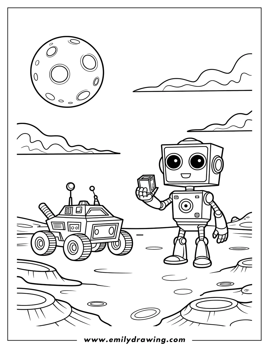 Line art of a robot standing on the moon with a lunar rover in the background.