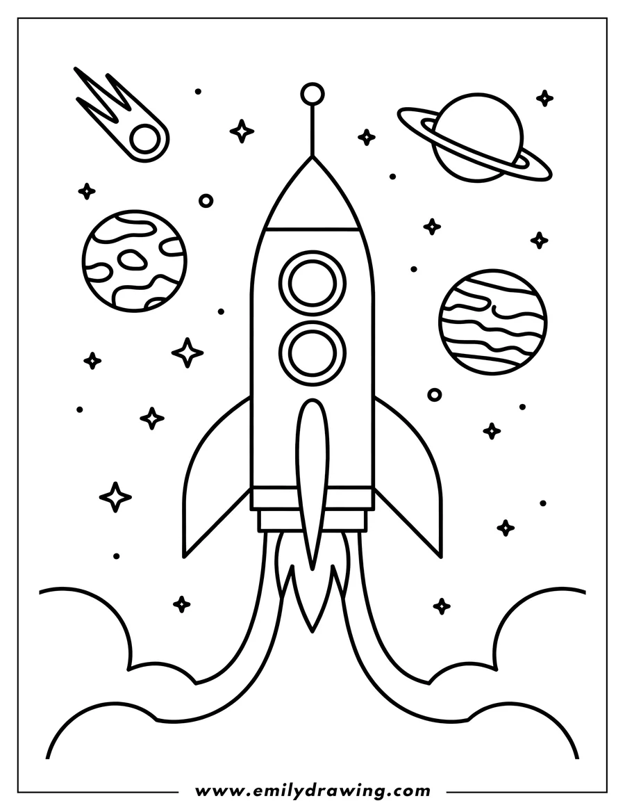 Line art of a rocket launching into space, surrounded by planets, stars, and a comet.