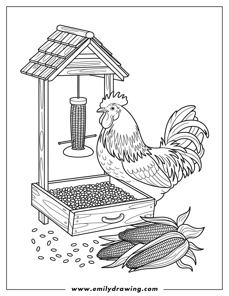 Outline of a rooster standing next to a wooden corn feeder filled with seeds.  Two ears of corn and scattered kernels lie on the ground.