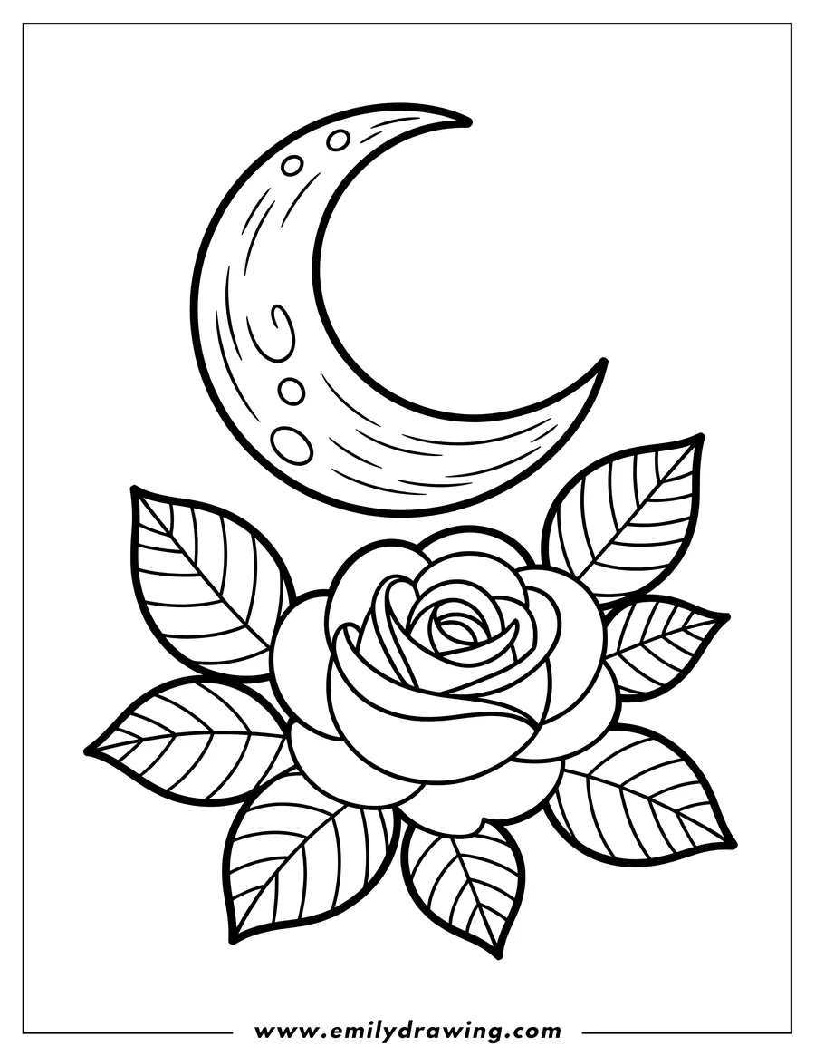 Outline of a rose with large leaves below a crescent moon.