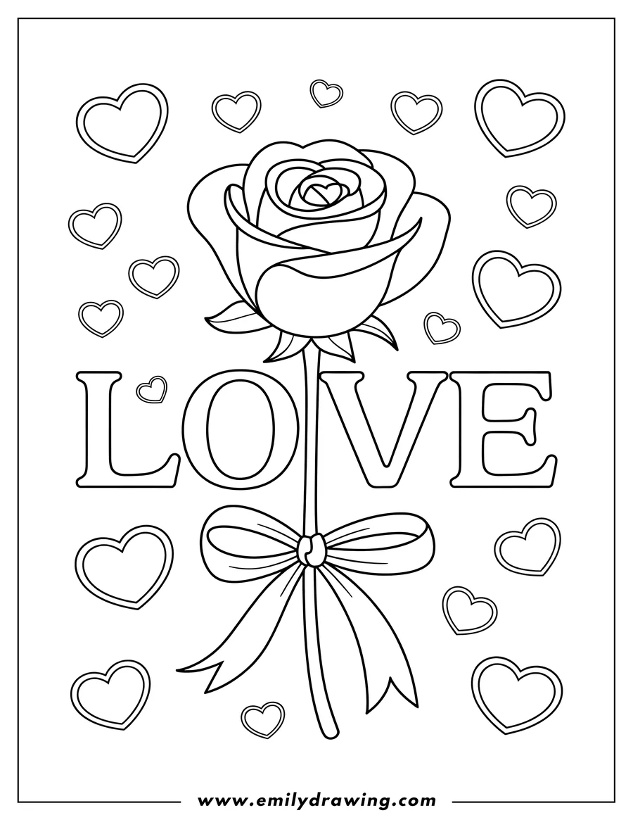 Outline of a rose with a ribbon tied around its stem, surrounded by hearts and the word LOVE.